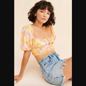 L Space Josie Floral Puff Sleeve Cut Out Crop Top S